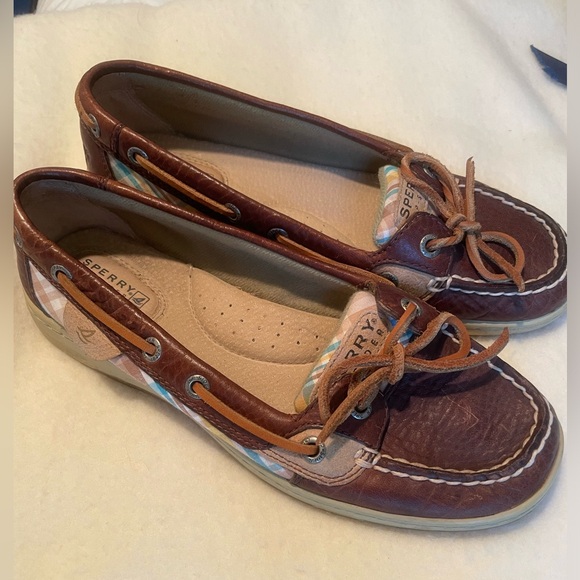 Sperry Topsiders Angelfish Boat Shoes - dark brown leather with blue & tan plaid - Picture 9 of 9